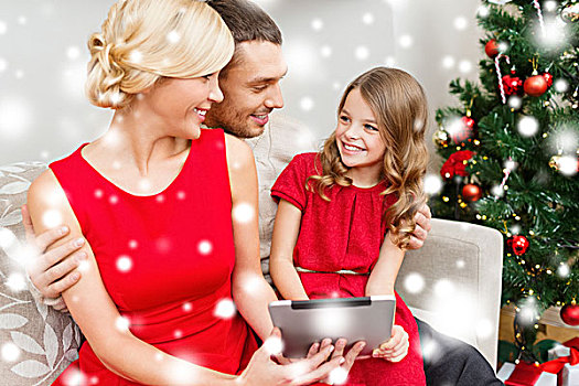 家庭,圣诞节,圣诞,冬天,高兴,科技,人,概念,微笑,平板电脑