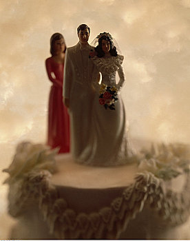 新郎,新娘,小雕像,婚礼蛋糕,情人