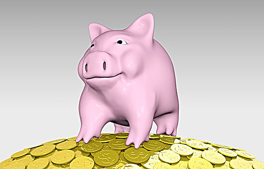 粉色,小猪,堆,硬币