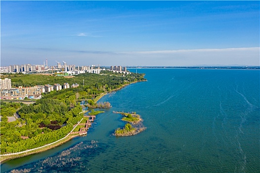 航拍河南平顶山白龟湖国家城市湿地公园,白龟山水库