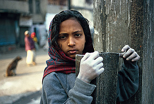 穿,外科,橡胶手套,女孩,孩子,照片,堆放,垃圾,加尔各答,印度