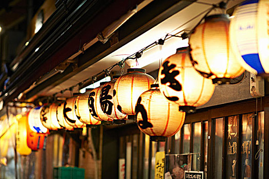 排,光亮,纸灯笼,夜晚,东京,日本