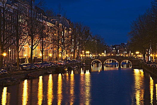 荷兰,阿姆斯特丹,桥,光亮,反射,夜晚