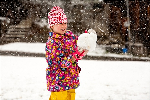 女孩,制作,雪球,落下,雪