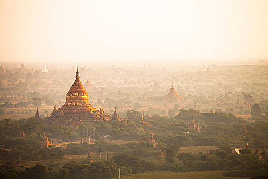 航拍,古老,庙宇,蒲甘,日出,缅甸