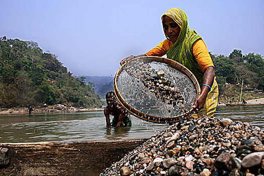 孟加拉,女人,挖,石头,湖,地区,早晨,2007年