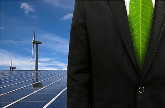 绿色商务,能量,商务人士,叶子,领带,太阳能电池板,胜利