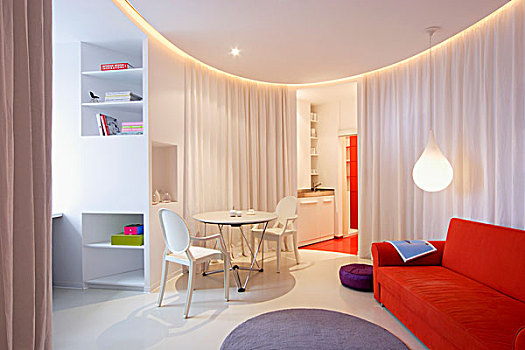 橙色,沙发,白色,灵异,椅子,桌子,圆形,生活方式,区域,帘,分隔,现代,室内