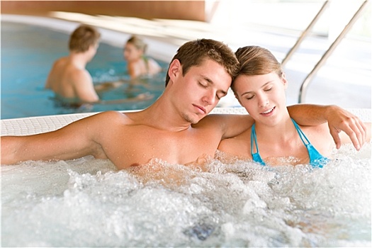 游泳池,年轻,情侣,放松,热浴盆
