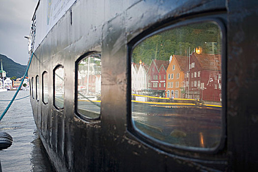 反射,船,窗户,卑尔根,霍达兰,挪威