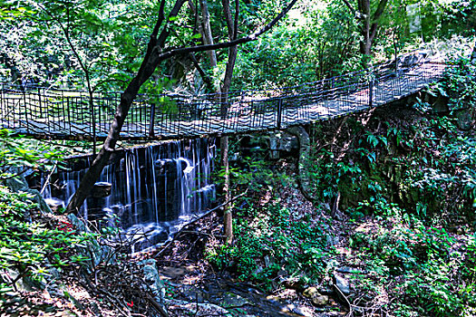 小溪溪水潺潺流水小瀑布吊桥小桥石头水景