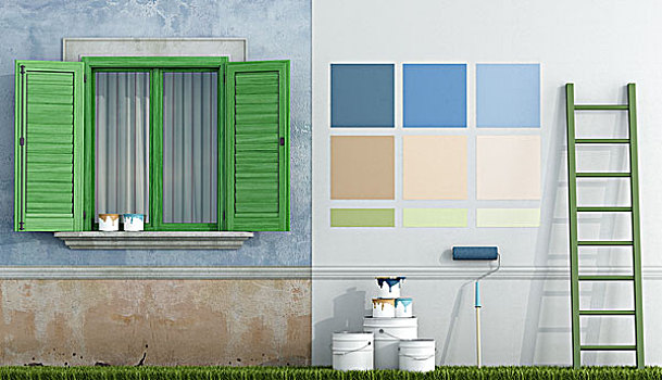 选择,色板,颜料,墙壁,老,房子