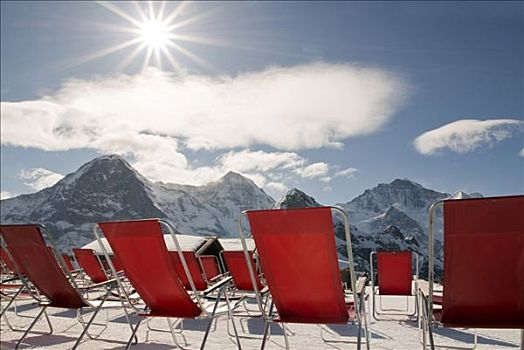 红色,折叠躺椅,太阳,背影,伯恩高地,格林德威尔,伯恩,瑞士,欧洲