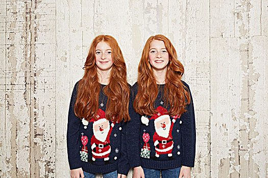 头像,双胞胎,姐妹,穿,圣诞节