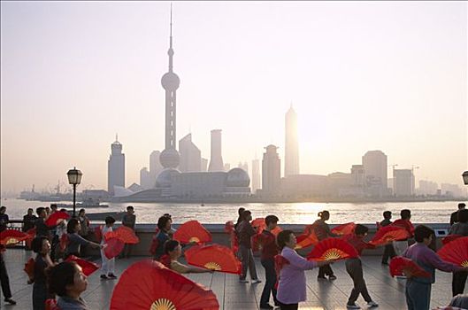 外滩,人,练习,浦东,天际线,背景,上海,中国