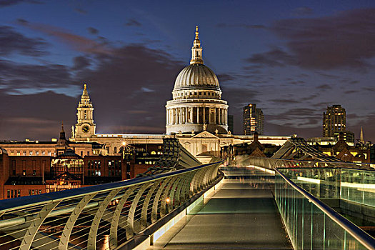 千禧桥,大教堂,黄昏,伦敦,英格兰