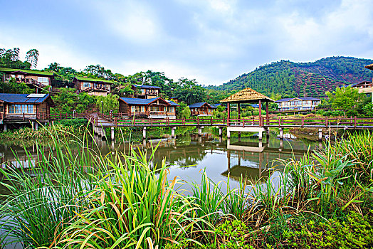 小木屋,桥,水面,小溪