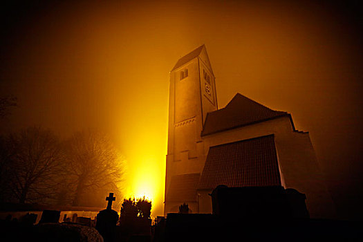 墓地,夜晚,德国,巴伐利亚,湖,雾