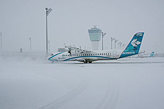 雪,冬天,空气,飞机,控制塔,东方,围裙,慕尼黑机场,巴伐利亚,德国,欧洲