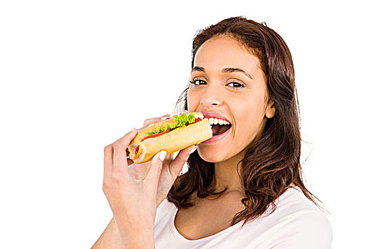 微笑,女人,吃饭,三明治,白色背景,背景