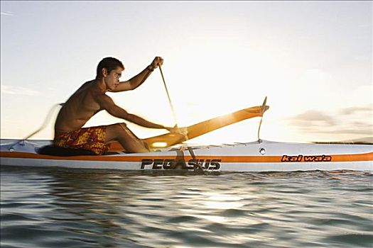 夏威夷,瓦胡岛,男青年,划船,一个,男人,独木舟