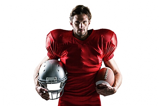 自信,橄榄球员,红运动衫,拿着,头盔,球