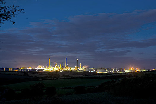威尔士,彭布鲁克郡,风景,炼油厂,夜晚