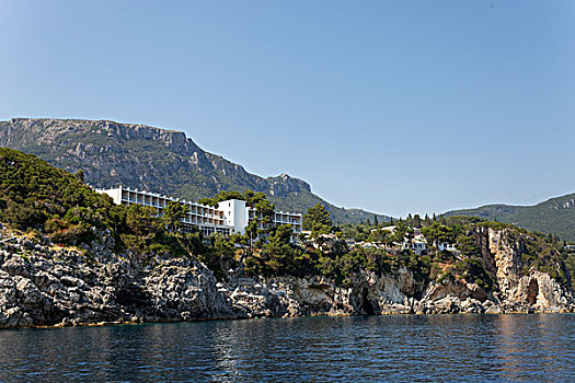 悬崖,海滩,酒店,岛屿,科孚岛,爱奥尼亚群岛,希腊,欧洲