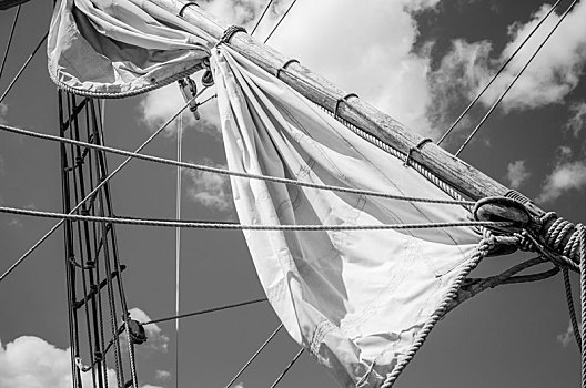 桅杆,帆,老,帆船,黑白图片