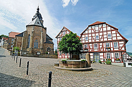 喷泉,市场,半木结构房屋,城市,教区,教堂,瑙姆堡,自然,自然保护区,黑森州,德国,欧洲