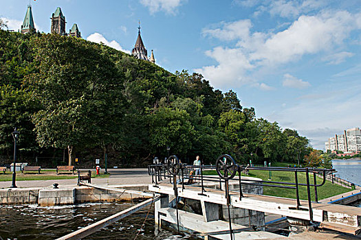坝,里多运河,国会大厦,背景,国会山,渥太华,安大略省,加拿大