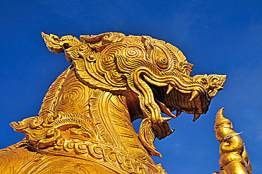 镀金,狮子,监护,雕塑,入口,庙宇,泰国,亚洲