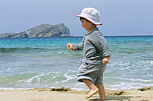 小男孩,跑,海滩