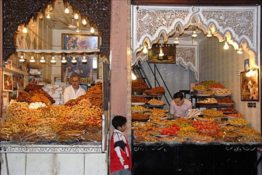 男孩,货摊,两个,小,商店,销售,甜食,麦地那,玛拉喀什,摩洛哥