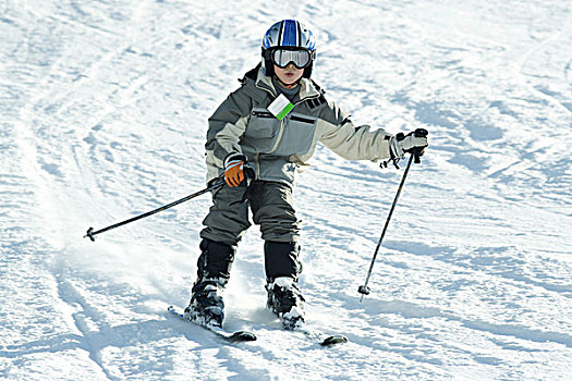 男孩,滑雪,山,全身
