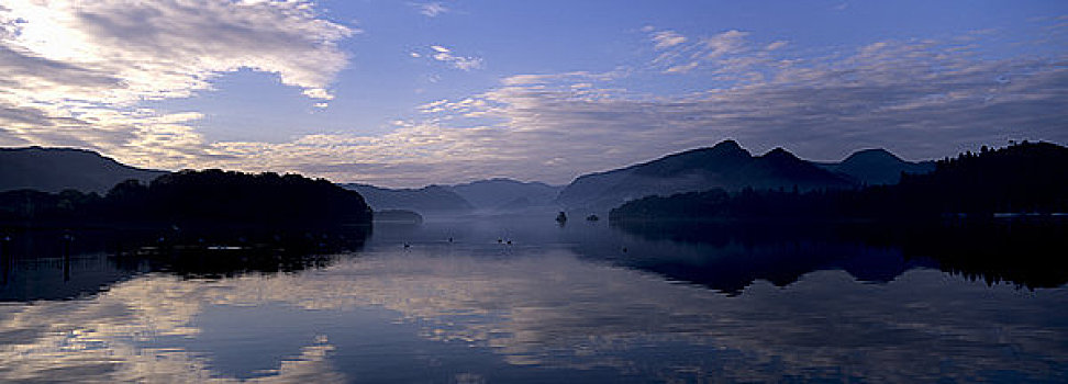 英格兰,坎布里亚,湖区国家公园,山,背景,反射,安静,水,黎明