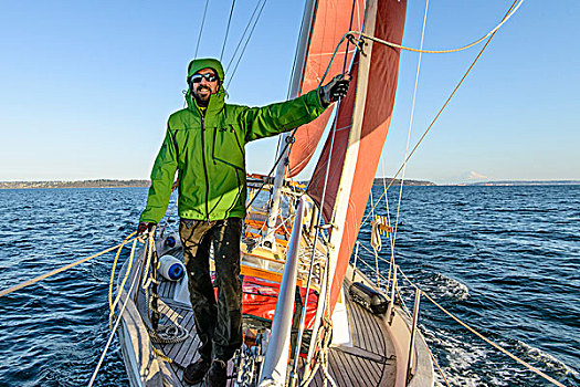 普吉特湾,男人,绿色,外套,甲板,帆船