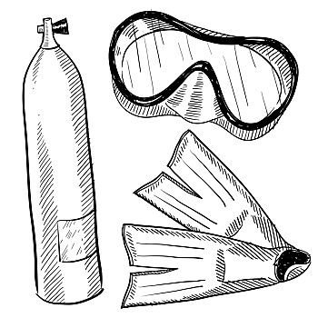 深潜,物体,素描,涂写,风格,潜水装备,矢量,面具,鳍状物,氧气罐