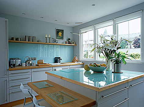 蓝色,玻璃,操作台,早餐吧,厨房