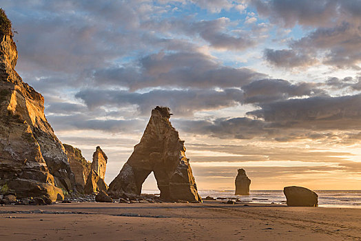 岩石构造,日落,塔拉纳基,北岛,新西兰,大洋洲