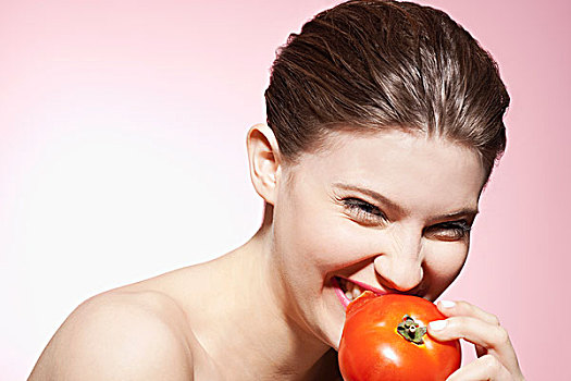 微笑,女人,吃,西红柿