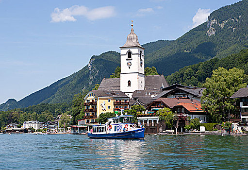 船,服务,朝圣教堂,湖,沃尔夫冈,萨尔茨卡莫古特,上奥地利州,奥地利,欧洲