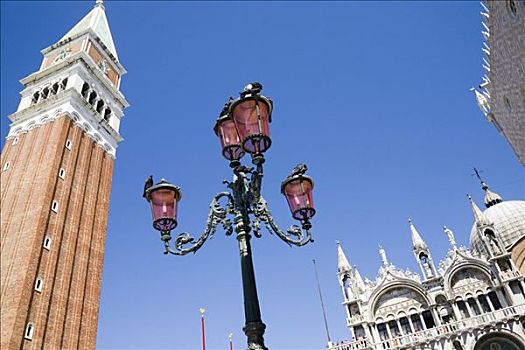 钟楼,特色,威尼斯,路灯,圣马可大教堂,圣马可广场,威尼托,意大利,欧洲