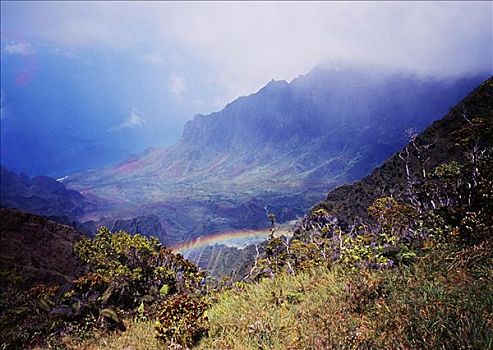 夏威夷,考艾岛,卡拉拉乌谷,漂亮,绿色,悬崖,远眺,山谷,彩虹