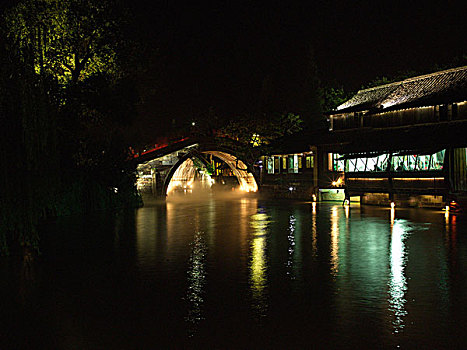 浙江,桐庐,乌镇水乡夜景