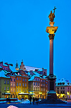 冬天,黎明,城堡广场,华沙,柱子,右边