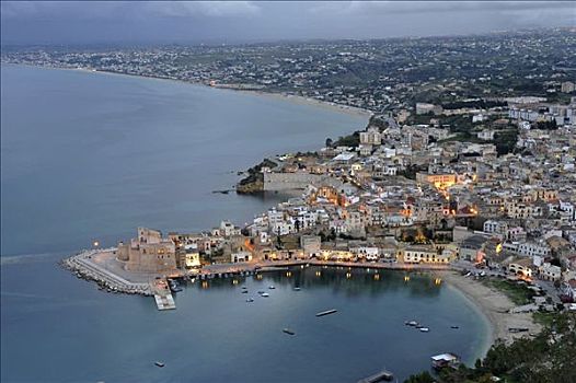 沿岸城镇,地中海,落日余晖,俯视,老城,西西里,意大利,欧洲