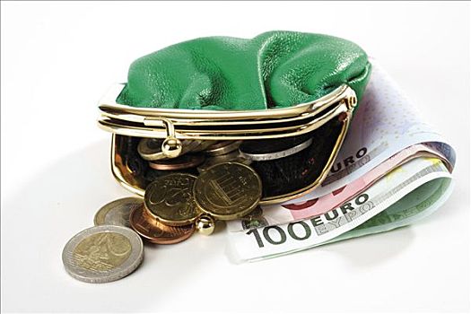 皮夹,欧元硬币,钞票