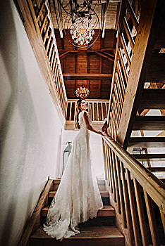 新娘,长,白色长裙,站立,阶梯