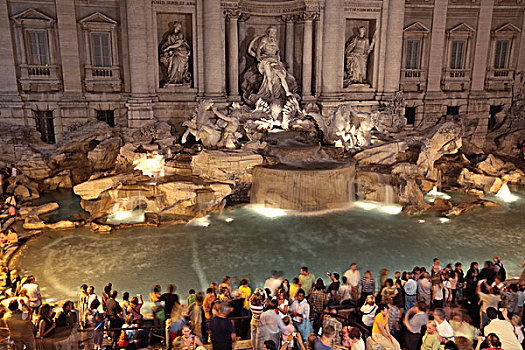 意大利,拉齐奥,罗马,喷泉,泛光灯照明